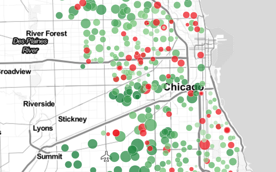 Map of Chicago schools as circles, colored by percentage of students attending from the neighborhood